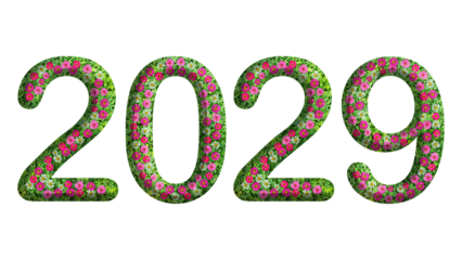 2029, 3d year theme design made from green grass and flower isolated on transparent background, PNG, suitable for template design	
