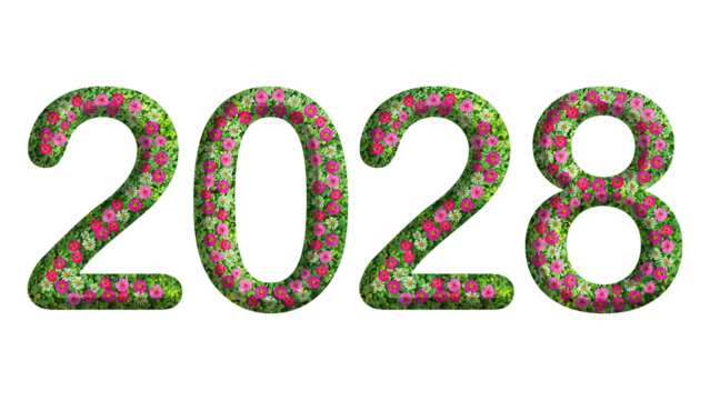 2028, 3d year theme design made from green grass and flower isolated on transparent background, PNG, suitable for template design	
