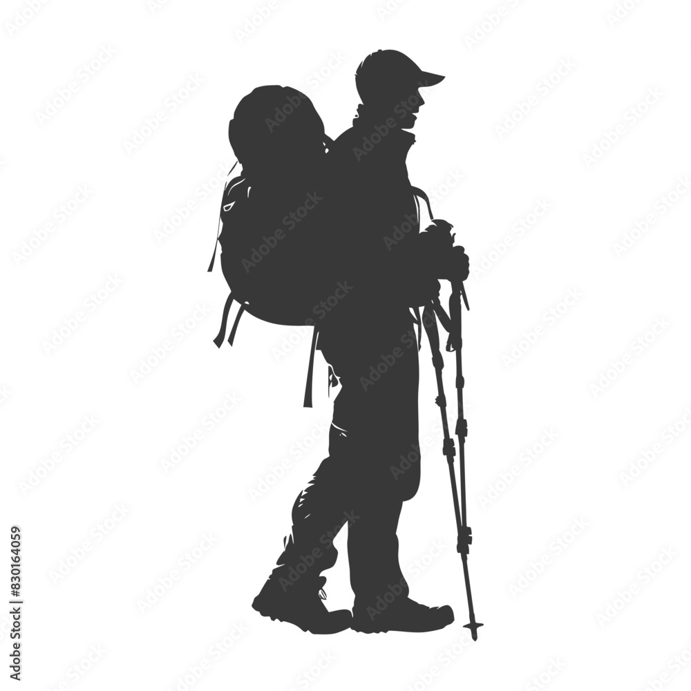 Wall mural silhouette backpacker man in action full body black color only