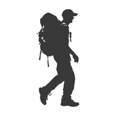 silhouette backpacker man in action full body black color only