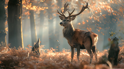 A deer stands in a forest with its antlers raised