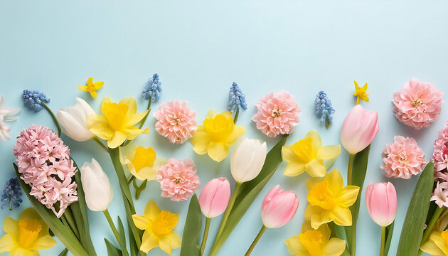 Disposizione "flat lay" di fiori primaverili come tulipani, giacinti e narcisi, disposti a formare un bouquet su uno sfondo pastello.