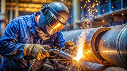 A person in overalls and gloves is welding on the side of an iron pipe, wearing protective glasses and a mask covering their face, sparks flying from small pieces.