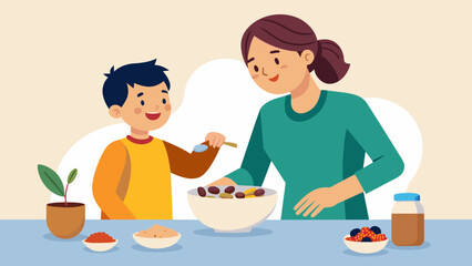 A parent mixes together a homemade trail mix with nuts dried fruits and whole grain cereal to provide their child with a nutritious and energyboosting snack for their school day.. Vector illustration