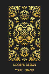 Book cover design, vertical template, black background with geometric ethnic gold pattern, stained glass in frame. Place for text. Artistic ornaments of the East, Asia, India, Mexico, Aztec, Peru.