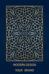 Book cover design, vertical template, blue background with geometric ethnic gold pattern, stained glass in frame. Place for text. Stylish ornaments of the East, Asia, India, Mexico, Aztec, Peru.