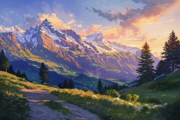 Swiss alps at dusk offer breathtaking views and tranquil atmosphere