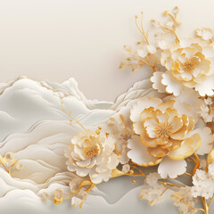 Gentle 3D background with flowers. Detailed flowers. Abstraction. Fantasy. Chinese style. Floral background with peonies. Gold details. Digital. Clouds