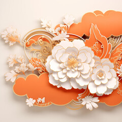 Gentle 3D background with flowers. Detailed flowers. Abstraction. Fantasy. Chinese style. Floral background with peonies. Gold details. Digital. Clouds