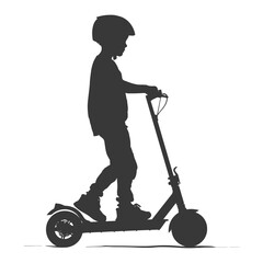 silhouette boy riding electric scooter full body black color only