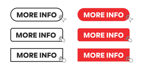 More Info Web Button in Red Rectangle and outline style. Computer mouse click cursor or arrow pointer symbol