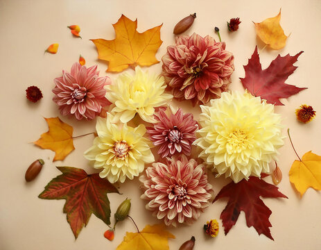 Disposizione "flat lay" di fiori autunnali come crisantemi, dalie e foglie di acero su uno sfondo beige.