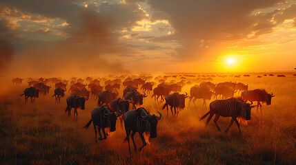 timeless image of Serengeti National Park teeming wildlife during annual Great Migration vast herd of wildebeest zebra traverse savannah plain Tanzania Kenya spectacle of million of animal move accomp