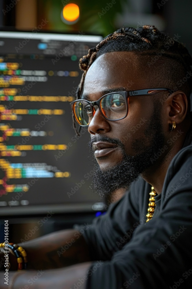Poster a man with glasses working at a computer screen