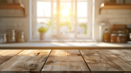 Wooden table top with copy space for product advertising over blurred white kitchen background at home with window and golden sunlight