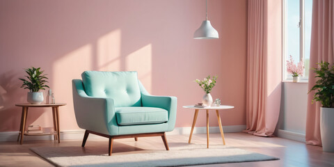 A minimalist pastel living room with clean lines, featuring a statement armchair in a bold pastel color.