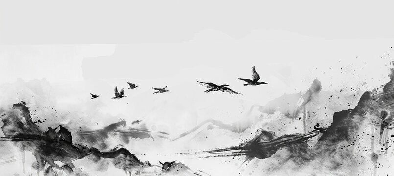Black and white ink painting, several birds flying in the sky, in the style of Chinese artists, simple background.