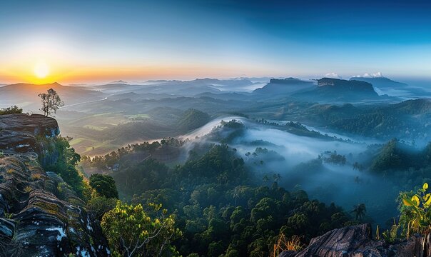 Beautiful sunrise over a dramatic landscape of rocky mountains and green forests, misty surface, golden light illuminating the vibrant sky and greenery below, panoramic view with blue sky.