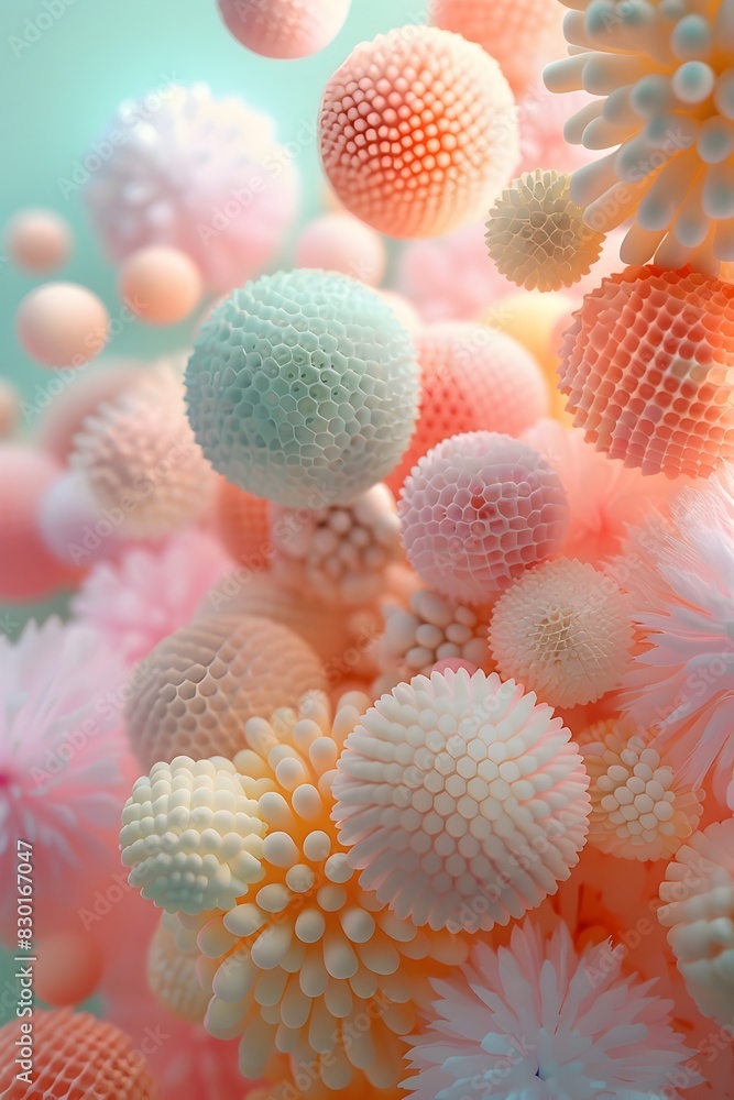 Poster a pile of pastelcolored spheres, each with its own unique texture and pattern, floating in the air, 