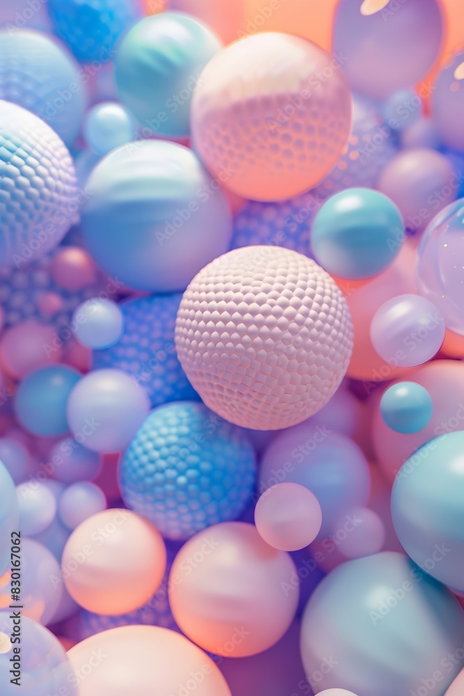 Poster a pile of pastelcolored spheres, each with its own unique texture and pattern, floating in the air, 