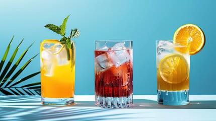 Refreshing Assorted Summer Drinks

Description: A variety of refreshing summer drinks in tall glasses, garnished with fresh fruits and mint leaves, against vibrant backgrounds.