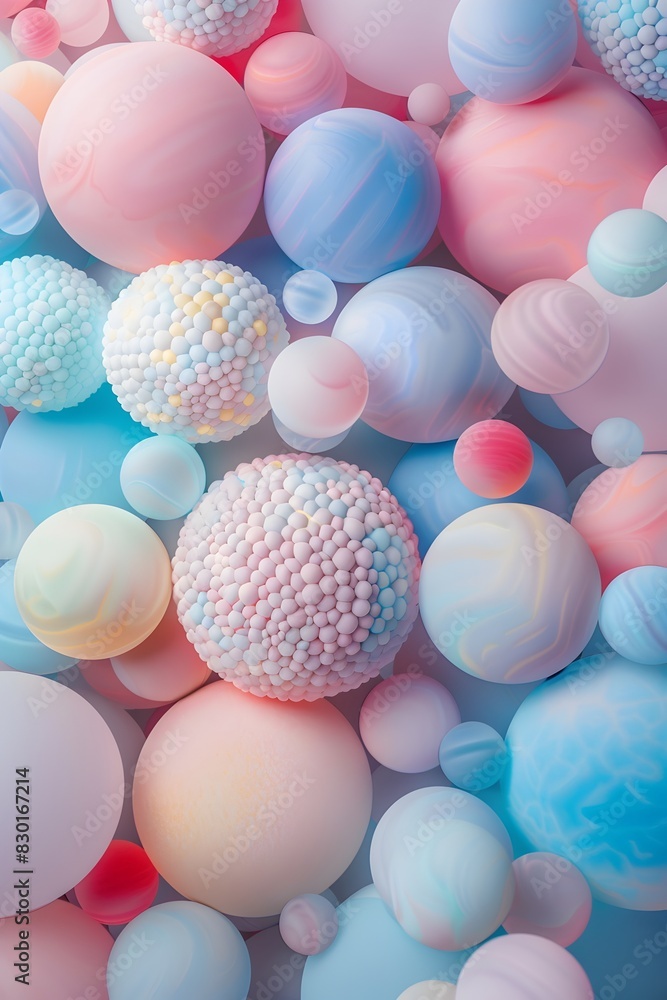 Poster a pile of pastelcolored spheres, each with its own unique texture and pattern, floating in the air, 