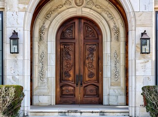 The front door of a single story house in Texas, with wooden arched front doors that have...