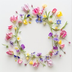 wildflowers decoration floral flatlay on white background, ai