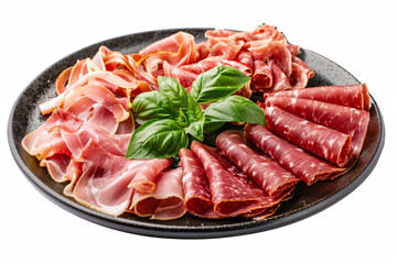 a plate of meats with a leaf of basil on top