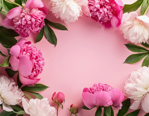  Cornice fatta di bellissimi fiori di peonia su uno sfondo rosa. Disposizione "flat lay" con spazio per testo.