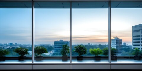 Privacy-enhancing aluminum sliding glass office window with decorative frosting film. Concept Privacy-enhancing windows, Sliding glass, Aluminum frame, Frosting film, Decorative design