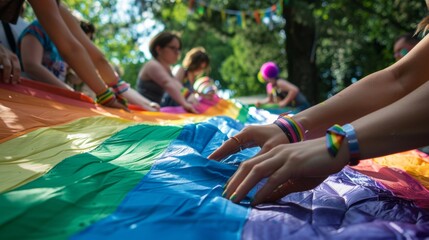 Close-up of hands holding a large rainbow flag during a lively outdoor Pride event, celebrating diversity and inclusion.