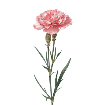 Pink carnation flower isolated on white background surrounded by green leaves and petals, representing natural beauty and floral elegance