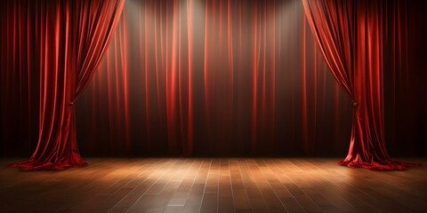 Deserted red carpet in a room with red curtains and spotlights. Concept Red Carpet Events, Dramatic Lighting, Intriguing Backdrops