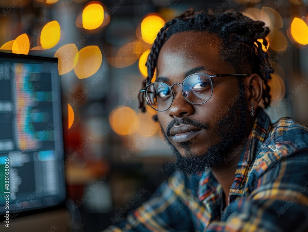 Poster experienced software developer wearing glasses, focuses on computer screen.