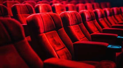 Obraz premium Empty red theater seats, close-up.