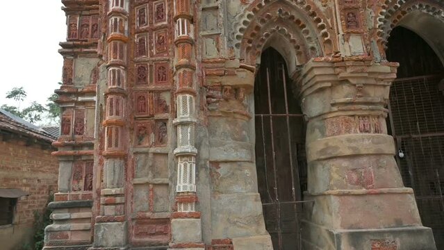 Famous Antpur Radhagovindjiu temple with crafted wood and exquisite terracotta carvings depicting stories from all 18 puranas. Here Swami Vivekananda took monastic vows in 1886, West Bengal, India