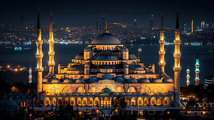 enchanting image of Blue Mosque illuminated against night sky Istanbul Turkey iconic dome minaret glowing darkness masterpiece of Ottoman architecture symbol of Islamic art culture welcoming visitor g