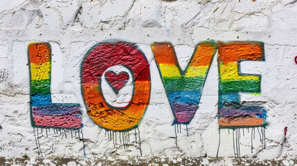 Rainbow graffiti letters with the text "LOVE" on a white background 