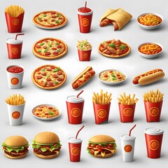 
fast food set of vector 3d icons hamburger, hot dog, pizza