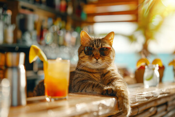 Obraz premium Cute cat in sunglasses sitting happily with a glass of juice at the bar counter in a cafe, summer holiday concept, tourism, banner with copy space 