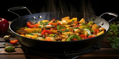 Vegetables sizzling in a pan with motion blur on white background. Concept Food Photography, Motion Blur, Culinary Art, Kitchen Scene, Cooking Ingredients