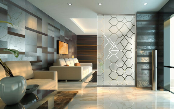 Sleek modern glass door with frosted geometric patterns, seamlessly blending into a minimalist living room. The light filtering through creates a serene and elegant ambiance.