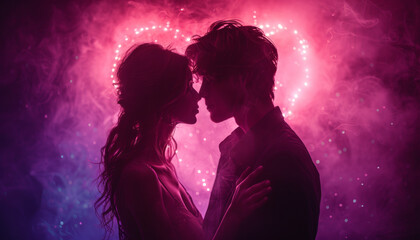 Heart neon glowing , polygonal neon lines style , silhouette couple man and woman hugging each other