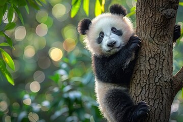 Obraz premium An adorable panda cub with expressive eyes clings to a tree in a lush green environment, evoking cuteness and conservation