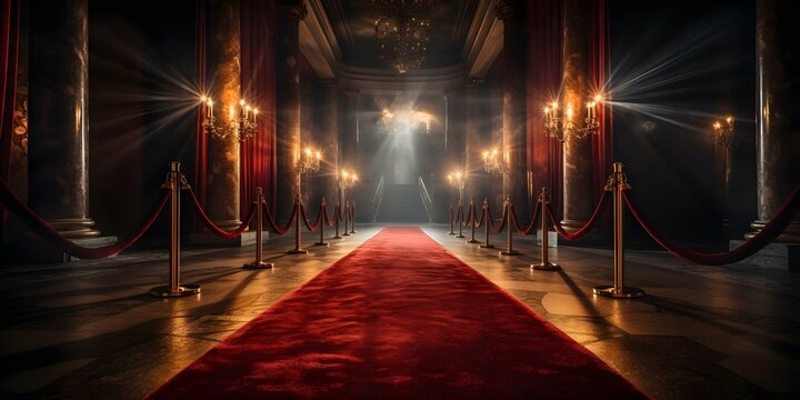 A glamorous evening affair with red carpet, spotlights, and velvet rope entrance. Concept Red Carpet Event, Hollywood Glamour, Velvet Rope Entrance, Paparazzi, A-List Vibes