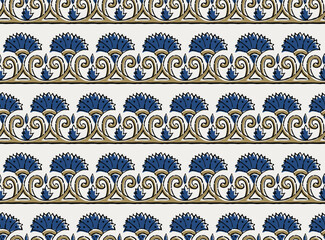 INDIGO SPRIG FLORAL WITH SEAMLESS BORDER AJRAKH PATTERN AND BLOCK PRINT PATTERN BATIK PRINT BACKGROUND DIGITAL PRINTING TEXTILE PATTERN