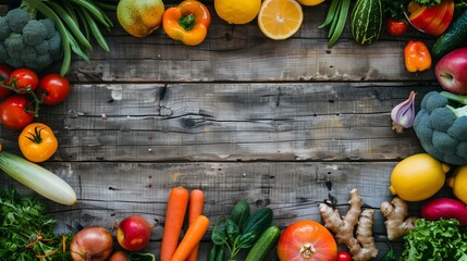 Flat Lay of Fresh Organic Vegetables and Fruits on Rustic Wooden Table - Healthy Lifestyle Concept