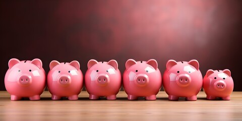 Array of pink piggy banks on pink background symbolizing personal financial savings. Concept Personal Finance, Piggy Banks, Savings, Pink Background, Symbolism,
