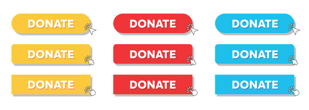 Simple Donate Web Button Set with hand pointer or arrow pointer modern minimal style vector